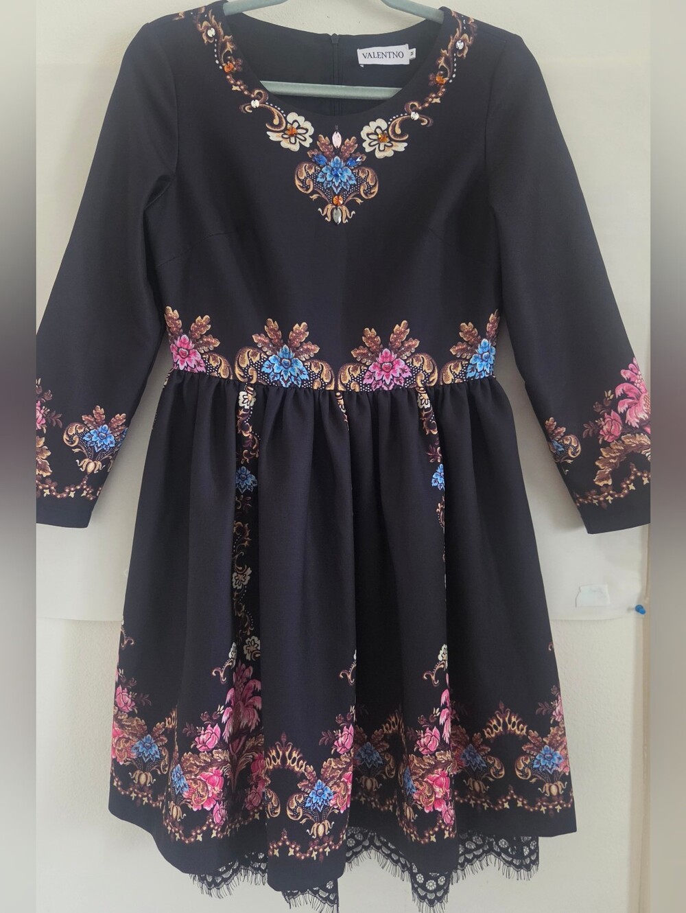 Valentino Black Midi Dress with Pink and Blue Floral Print/Beadwork